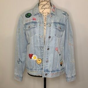 PacSun denim jacket with embroidery patches sequin appliqué M